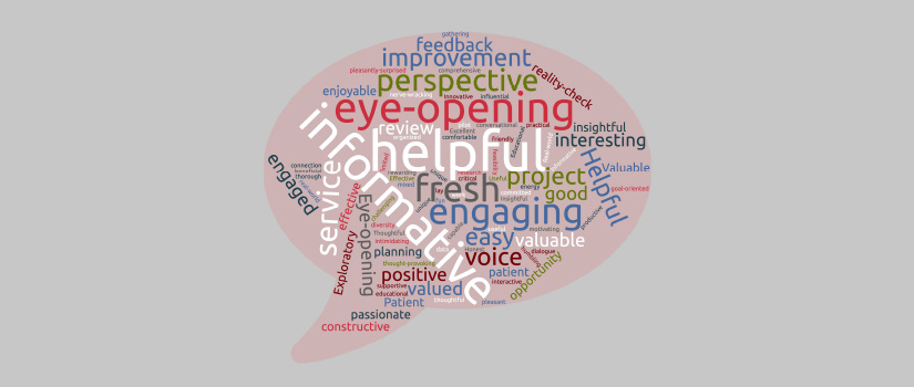 Word map representing what researchers had to say about the Patient Engagement Studio. Improvement, perspective, eye-opening, helpful, informative, engaged, positive, valued, constructive, passionate, exploratory, effective, fresh, good, easy, valuable, interesting