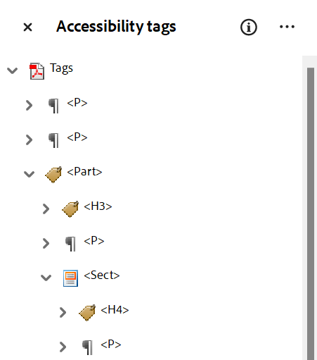 Screenshot of Acrobat Accessibility tags pane displaying paragraph and heading tags automatically created.