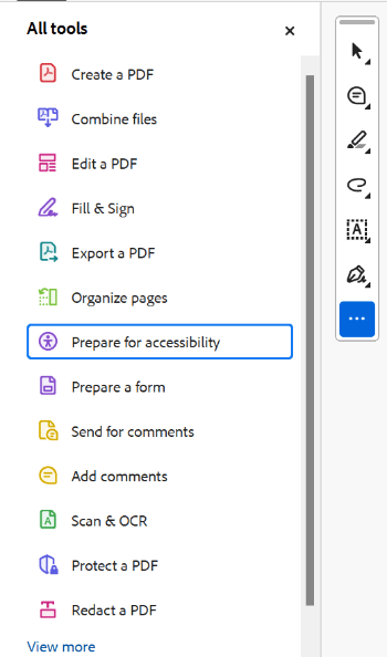 Screenshot of Prepare for Accessibility tool selected within All Tools panel. View more link at bottom to show all tools.