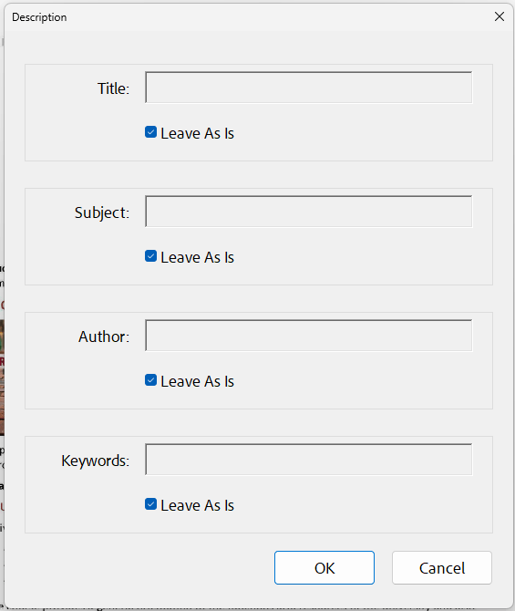 Acrobat Description dialog box with the Title field disabled to edit as its associated Leave as is check box option below it is checked.