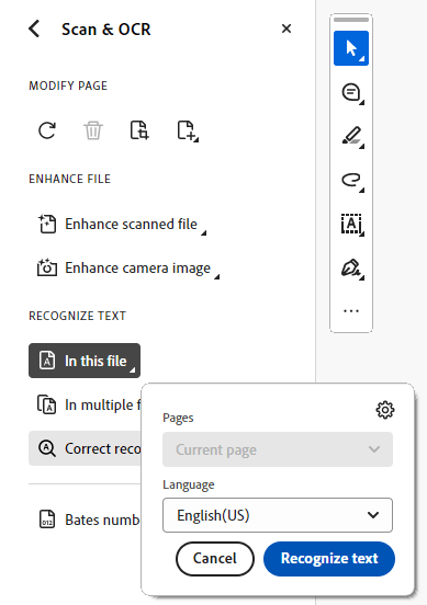 Scan and OCR tool pane with In this file button selected with related window containing Language option list. English (US) selected with Recognize text button below it.