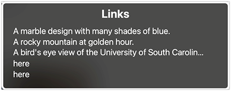 Screen reader list of extracted links A screenshot of the VoiceOver Links menu. Two ambiguous "here" links are listed consecutively.