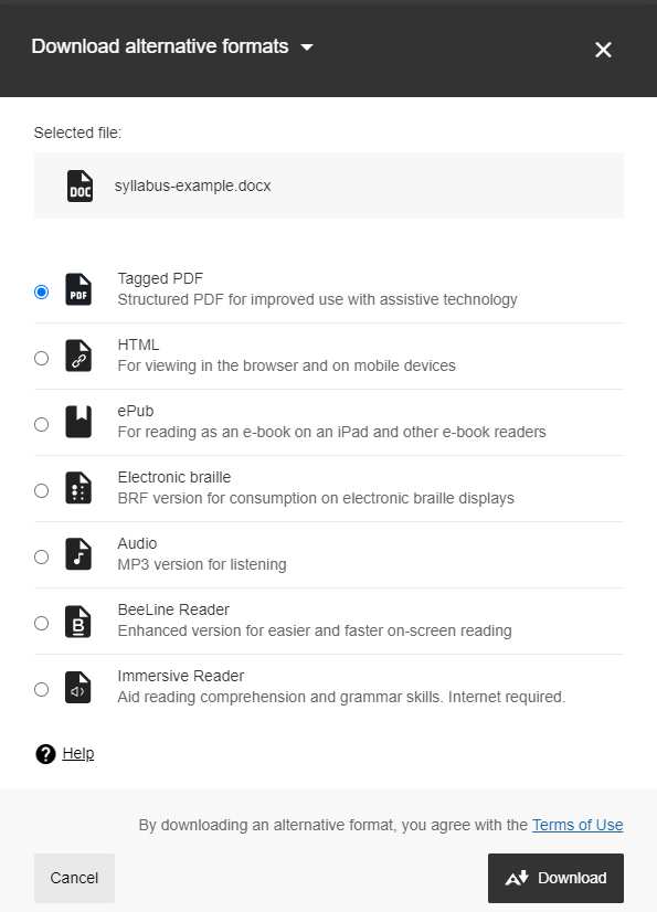 Screenshot of alternative format options