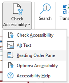 Window’s feature of PowerPoint's Check Accessibility Reading Order Pane Screenshot of check accessibility drop menu with reading order pane highlighted under check accessibility and alt text options.