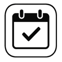 Black and white icon of a calendar with a check mark, representing important dates or scheduled events.