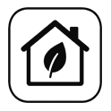 Black and white icon of a house with a leaf inside, representing a healthy or sustainable living environment.