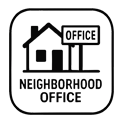 Black and white icon of a house with a sign labeled ‘Office,’ representing a neighborhood office.