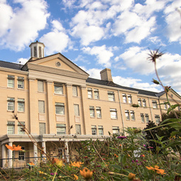 The Green Quad residence hall garden is in the foreground with the C wing in the background