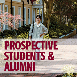 image of a student walking on the horseshoe. text over image says "prospective students and alumni"