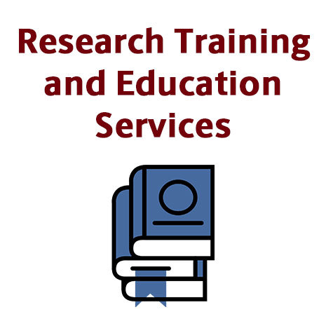 Decorative image of a stack of books below the words "Research Training and Education Sercices