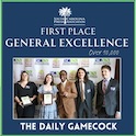 A photographic reading "South Carolina Press Association First Place General Excellence over 10,000" on the top and "The Daily Gamecock" on the bottom. In between is a photo of five students holding plaques in front of an SCPA backdrop.