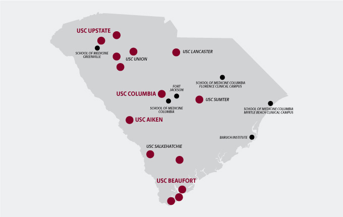 map of South Carolina with all campus locations indicated