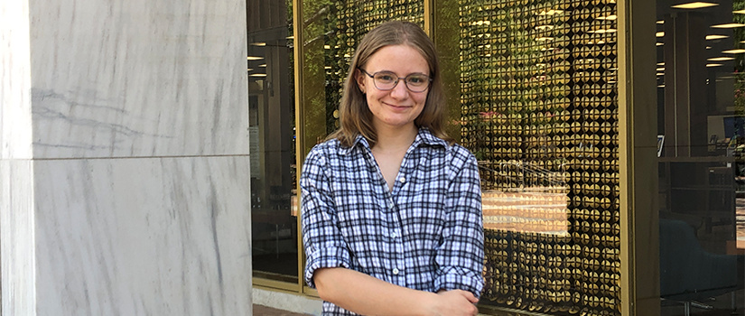 Heather Parkin in front of Thomas Cooper Library