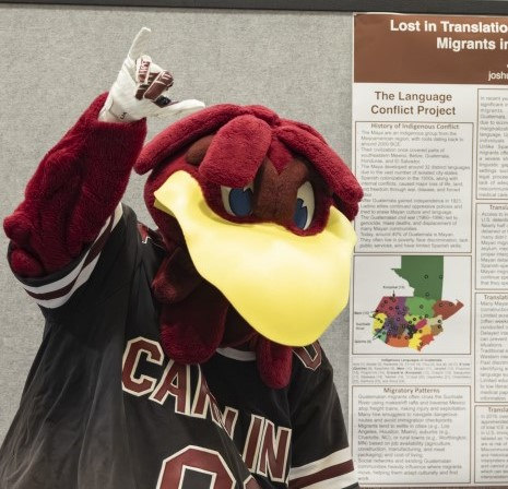 Cocky gives the spurs up hand signal as he stands in front of a scholarly poster at Discover USC 2025.
