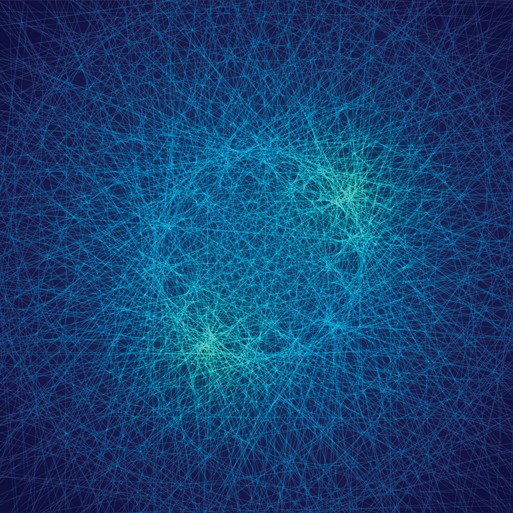 An abstract circular image made of lines on a dark blue background.