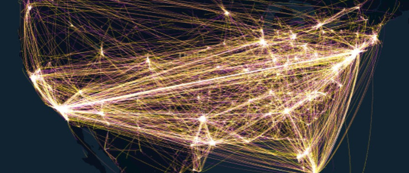 A map of the United States with yellow lines drawn connecting cities where people have traveled.