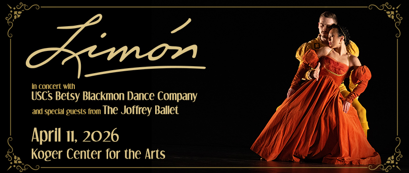 On the right, a male and female dancer from Limón Dance Company in renaissance style orange and yellow costumes perform in The Moor's Pavane. On the left, the title, date and location for the concert.
