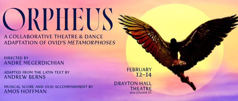 On the right an image of an Icarus styled character, a female with wings, flying against a bright yellow sun in an orange and purple sky. On the left, the title, credits and dates.