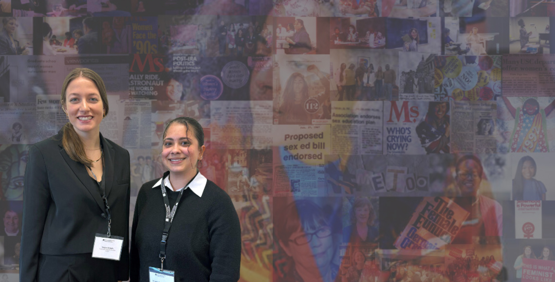 two women with a back drop collage of women studies events. 