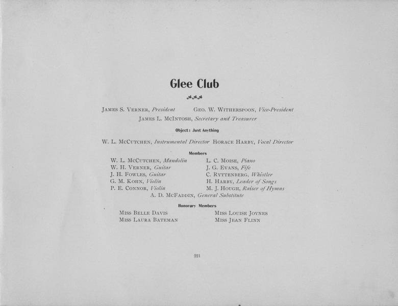 Glee Club Roster from Garnet and Black, 1899 Glee Club Roster 1899