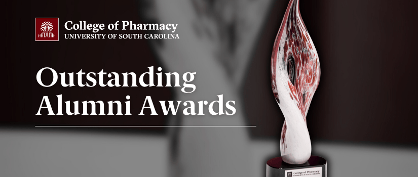 College of Pharmacy logo, Outstanding Alumni Awards with image of flame trophy
