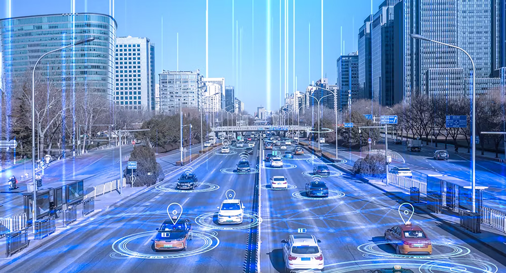 A photo illustration depicting a busy highway with device communication routes highlighted