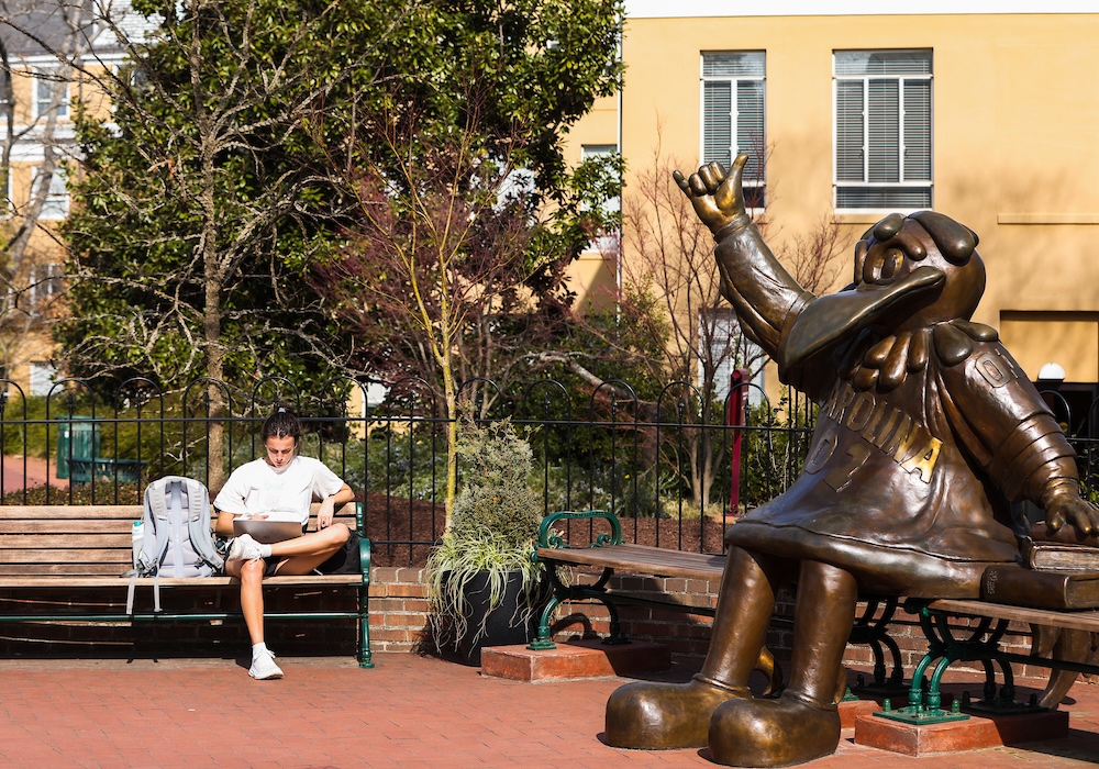student sitting on a bench next to bronze statue of cocky sitting on a bench photographed from the side