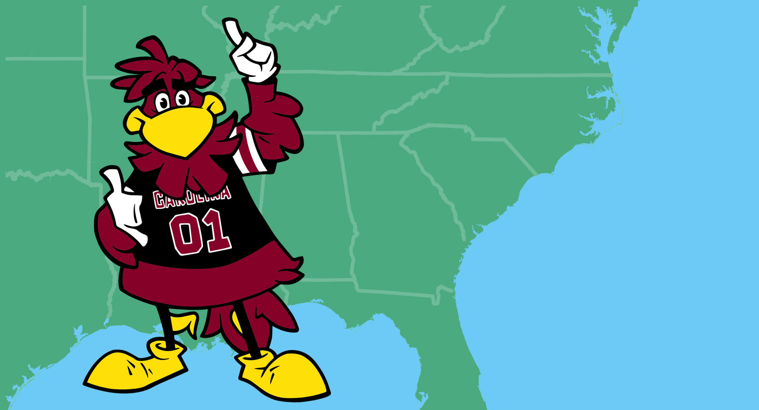 Cocky mascot on map of southeast US.