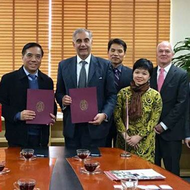 President Harris Pastides, Dean Haemoon Oh, Huong Nguyen and Kendall Roth in Vietnam