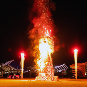 a 20-foot paper and wood tiger burns in an open field with fireworks on the sides