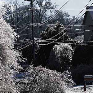 Residential street after an ice storm, with tree branches coated in ice and sagging over the road while ice-covered power lines stretch between utility poles in bright winter sunlight.