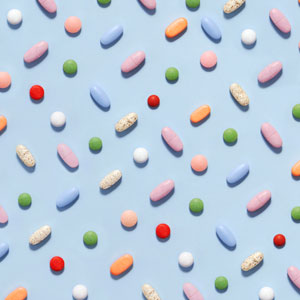 A colorful pattern of prescription pills
